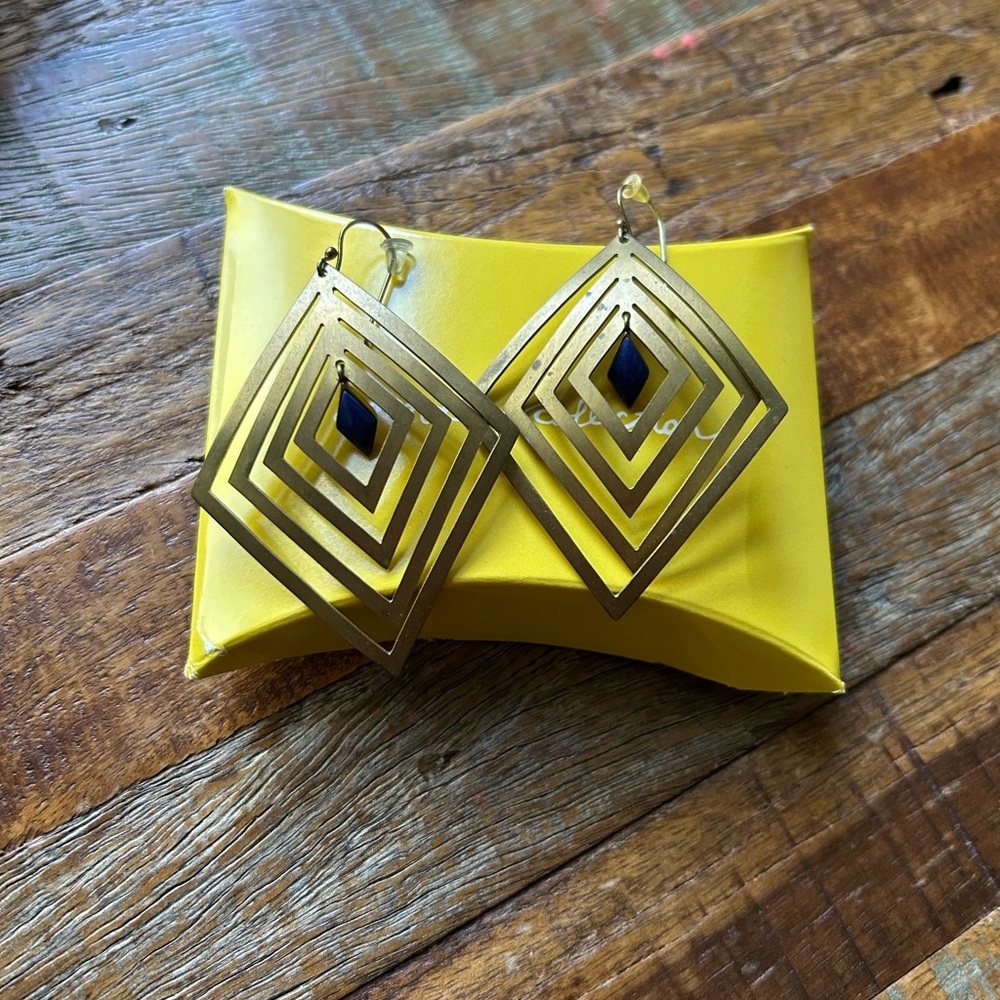 Noonday Earrings. Geometric Gold with blue stone.